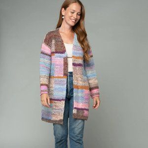 lovestitch Multi-Color Patchwork Open Cardigan - Pink, Blue, Brown